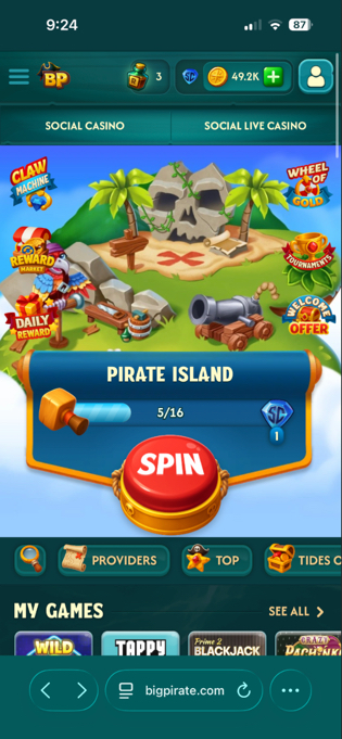 Big Pirate Casino's mobile website on iPhone