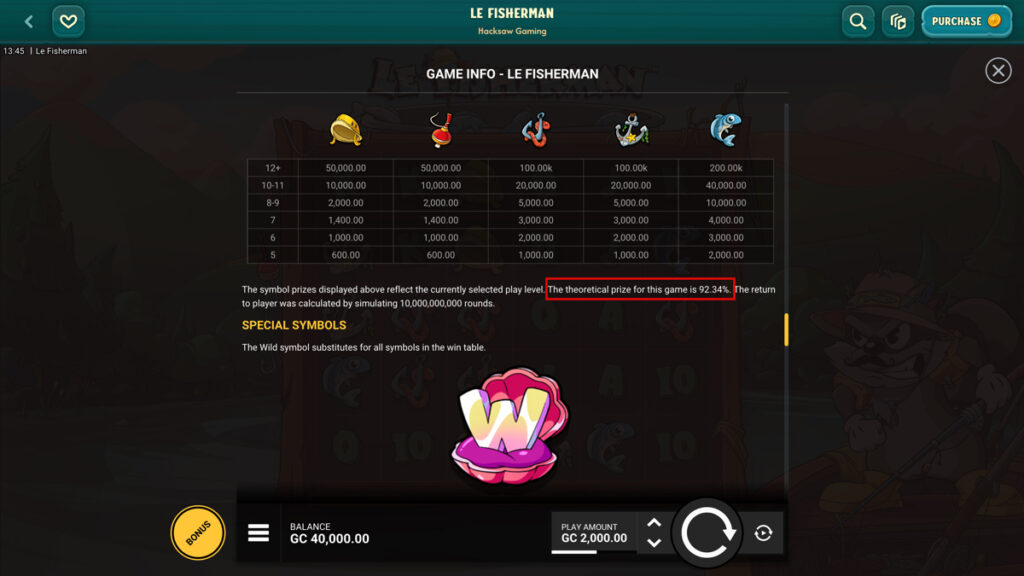 Theoretical RTP for Le Fisherman slot game on Big Pirate Casino