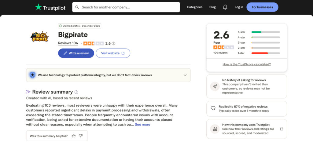 Trustpilot player ratings and review scores for Big Pirate social casino