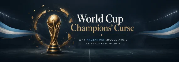 World Cup Champions’ Curse banner featuring a gold trophy surrounded by shattered ring fragments, with Argentina-inspired blue and white ribbons on a dark stadium background.