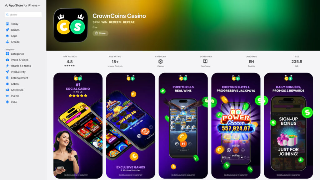 Crown Coins social casino app in the iOS App Store