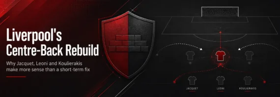 Minimalist Liverpool centre-back rebuild banner with a red and black defensive shield, tactical pitch markings, and abstract shirt icons labelled Jacquet, Leoni and Koulierakis.