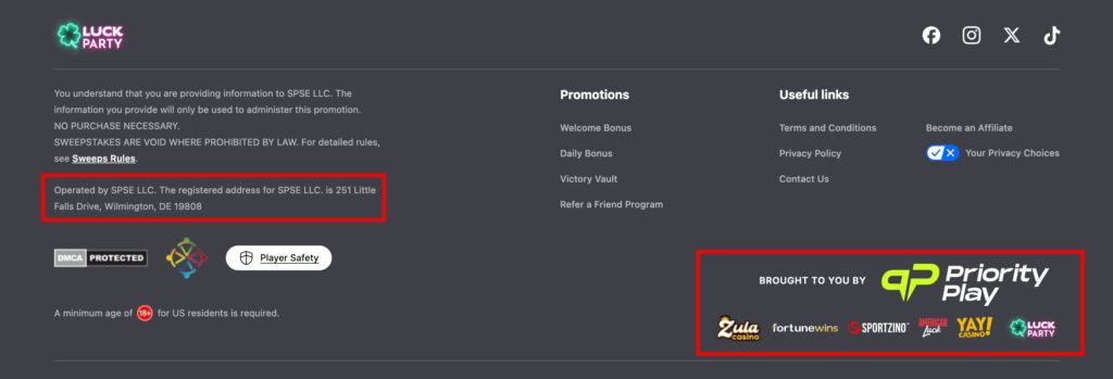 Owner and operator information listed on the Luck Party Casino website