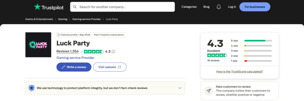 Luck Party Casino player reviews and ratings on Trustpilot