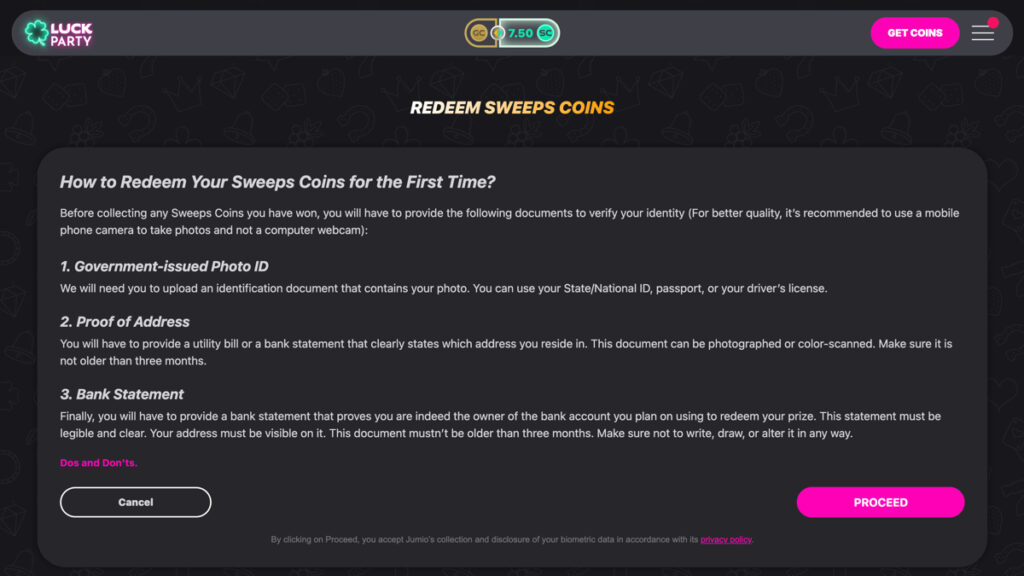 Luck Party KYC verification process required before redeeming prizes