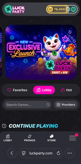Luck Party mobile website shown on an iPhone