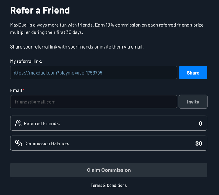 MaxDuel Refer A Friend page with referral link and commission details