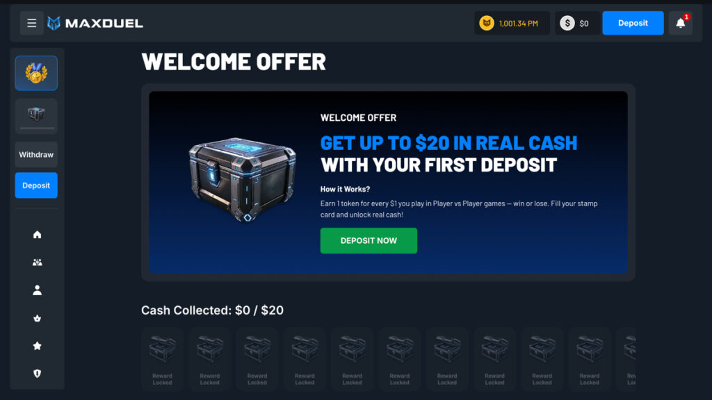 MaxDuel welcome offer tracker showing progress toward the $20 sign-up bonus