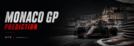 Minimalist Monaco GP prediction banner featuring large white “Monaco GP” text and red “Prediction” text on a dark background, with a Formula 1 car on the Monaco street circuit at night beside the harbor and Monte Carlo skyline.
