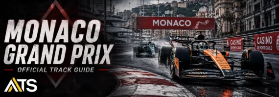 Monaco Grand Prix Official Track Guide banner featuring a Formula 1 car racing through the streets of Monte Carlo in wet conditions, with the Monaco harbor, luxury yachts, city skyline, and Casino de Monte-Carlo branding in the background. Large distressed white text reads “Monaco Grand Prix” with ATS branding and “Official Track Guide” displayed on a dark black-and-red design.