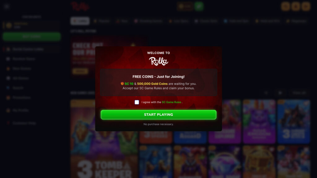 Rolla Casino welcome bonus pop-up message after registration
