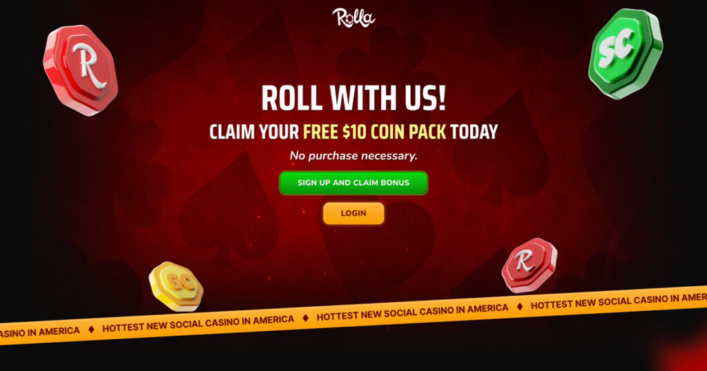 Rolla Casino website showing $10 welcome coin package offer for new players
