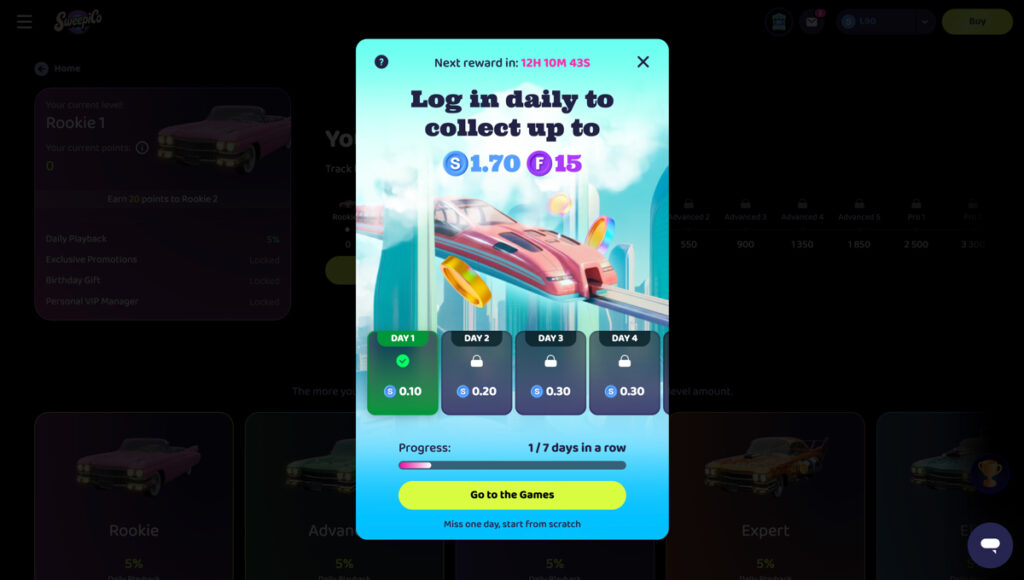 Sweepico's daily login bonus calendar