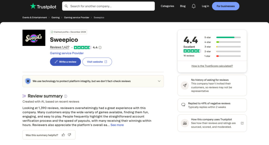 Sweepico Trustpilot player reviews and feedback