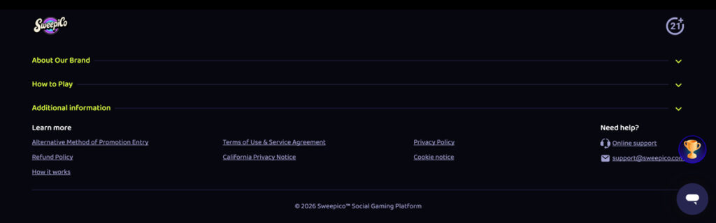 Sweepico website footer without a link to the sweepstakes rules
