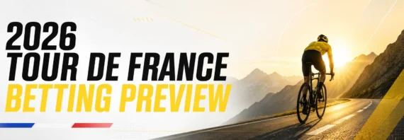 2026 Tour de France betting preview showing a rider in a yellow jersey on a mountain pass.