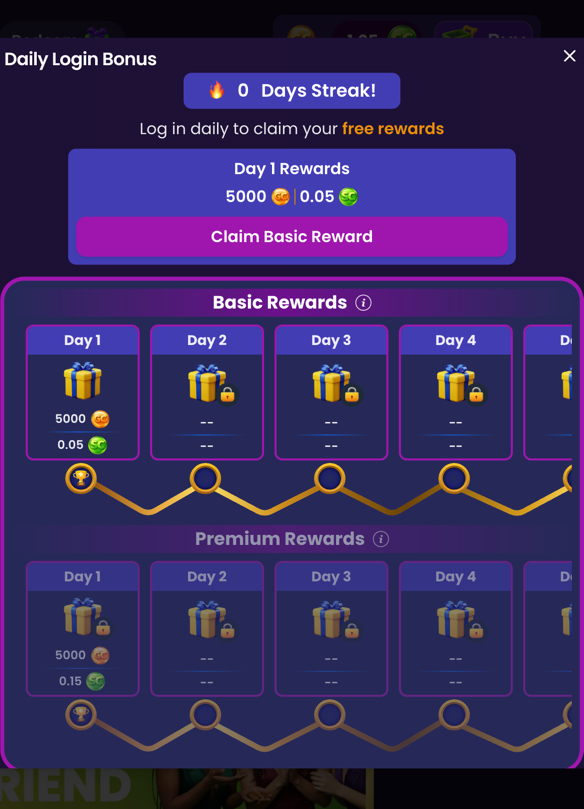 Daily login bonus calendar on ThrillCoins