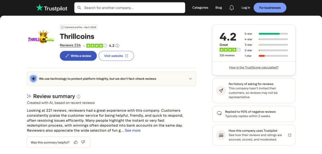 Trustpilot player ratings and reviews for ThrillCoins