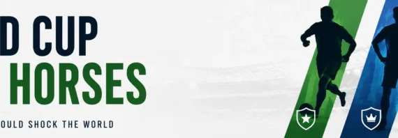World Cup Dark Horses banner with bold navy and green text, silhouetted soccer players, and colored panels on a minimalist stadium background.