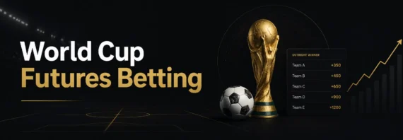 World Cup futures betting banner with a gold trophy, soccer ball, odds board and upward trend line on a dark stadium background.