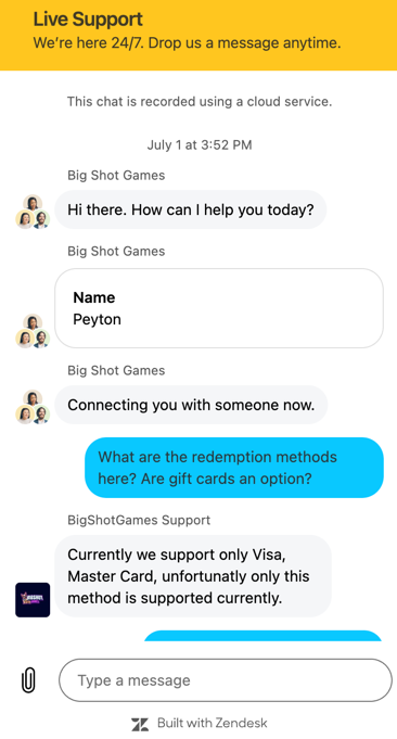 Big Shot Games customer support via live chat