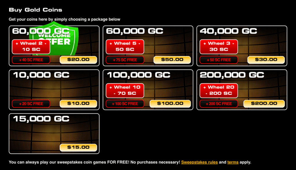 Gold Coin packages for sale at Deal or No Deal Win