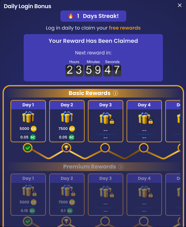 DimeSweeps daily login bonus calendar