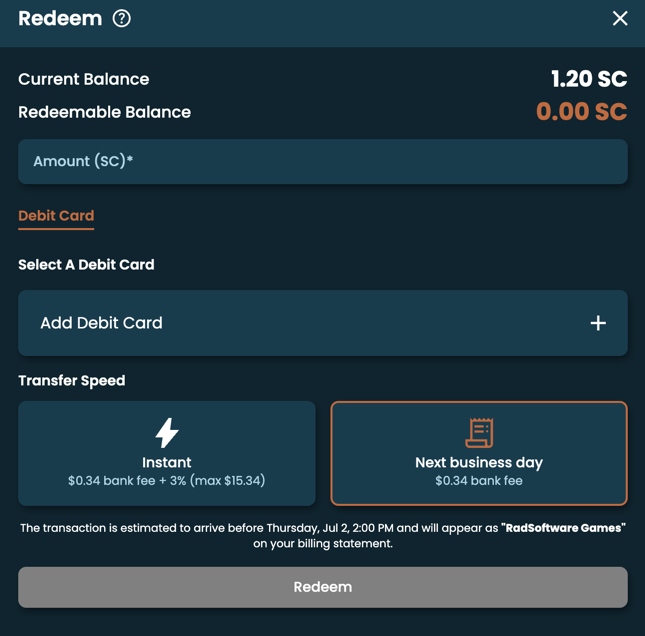 Lucky Canoe redemption methods and payout times