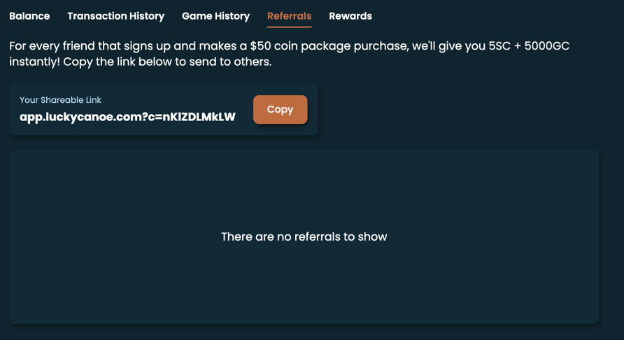 Lucky Canoe Casino's referral link and rewards