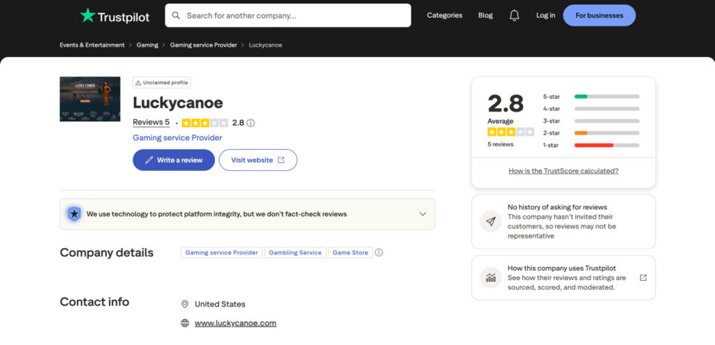Lucky Canoe Trustpilot ratings and player reviews